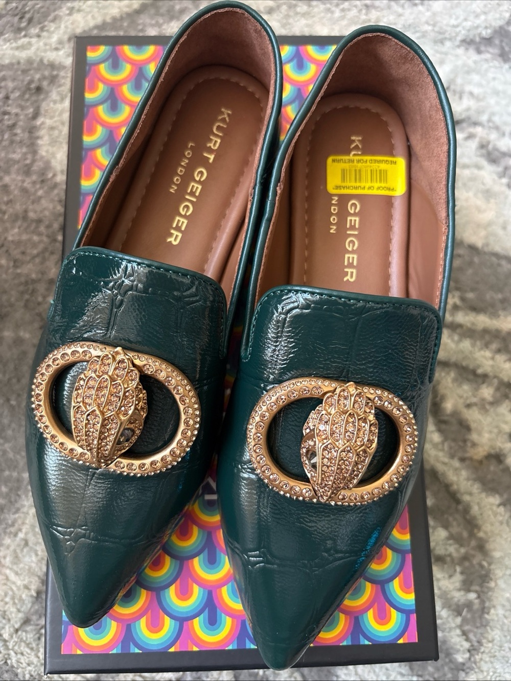 Kurt Geiger London Green Patent Leather Croc Loafers Eagle Head Flats-US-6/36